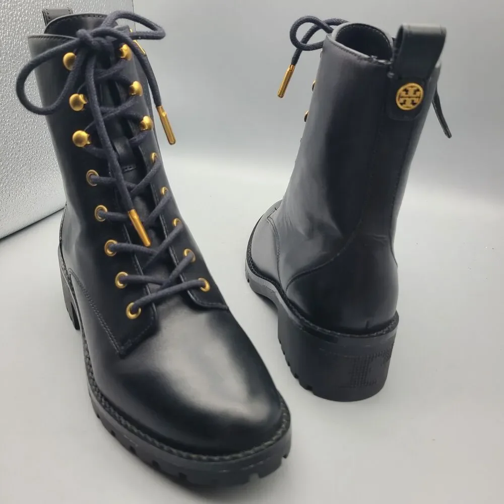 Tory Burch Combat Lug Sole Boots Zipper Lace Up Black Leather Logo US 6 New